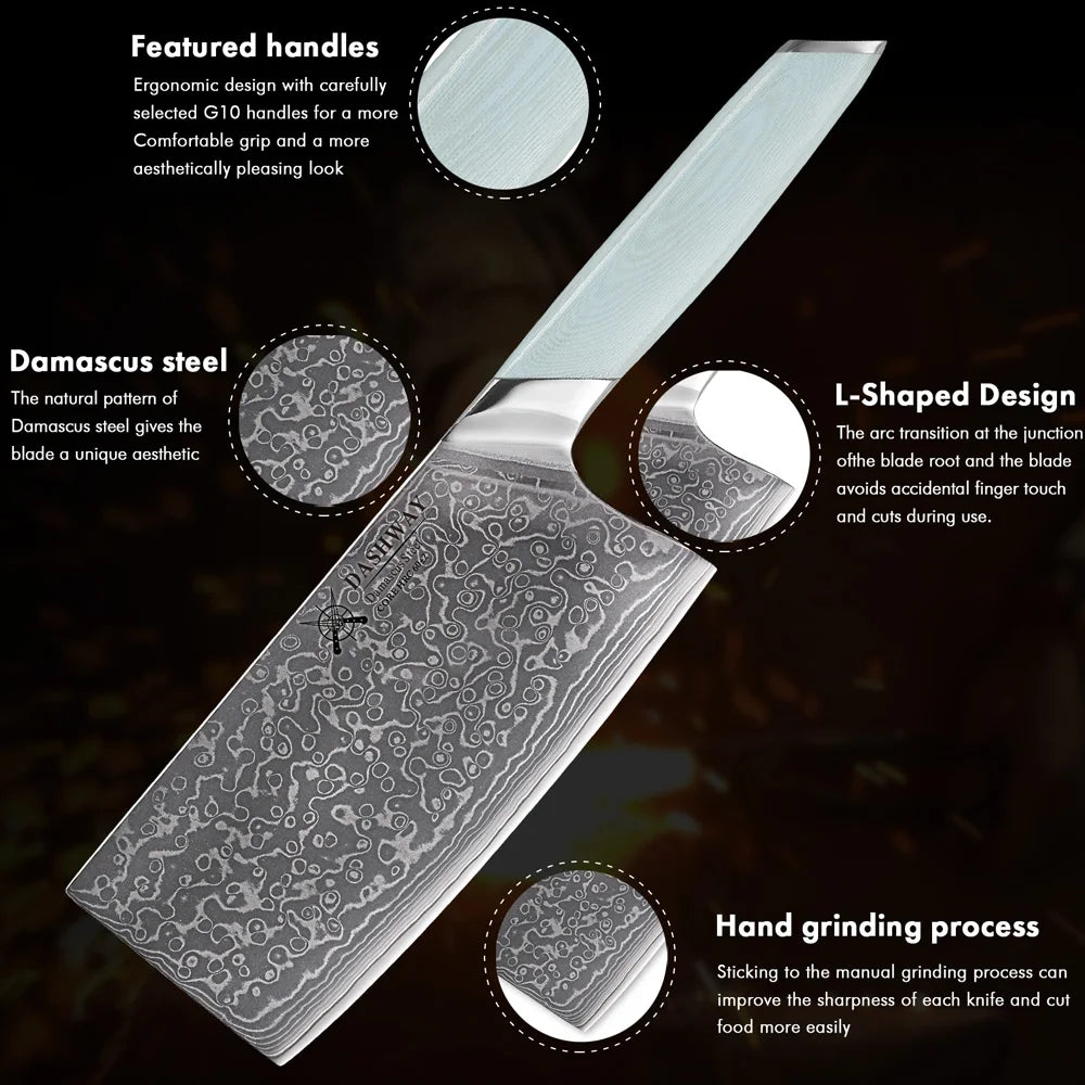 DASHWAY 7" Damascus Steel Cleaver – Professional Chef Knife Damascus Cleaver Knife Qst
