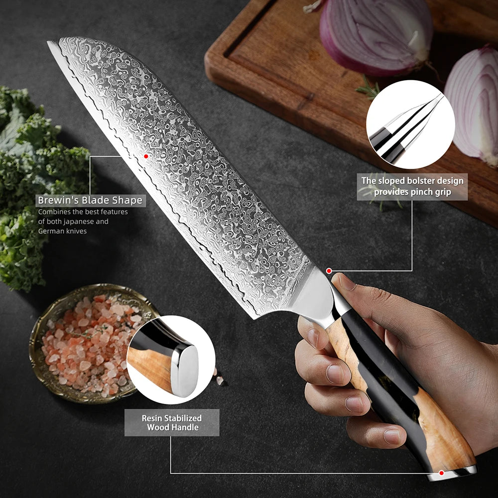 Xituo 7" Damascus Santoku Knife – VG10 67-Layer Steel Damascus Santoku Knife Qst