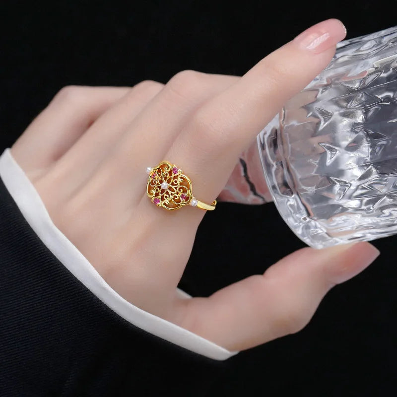 Chinese Retro Palace Adjustable Ring – Elegant Metal Jewelry Adjustable Fashion Ring Qme