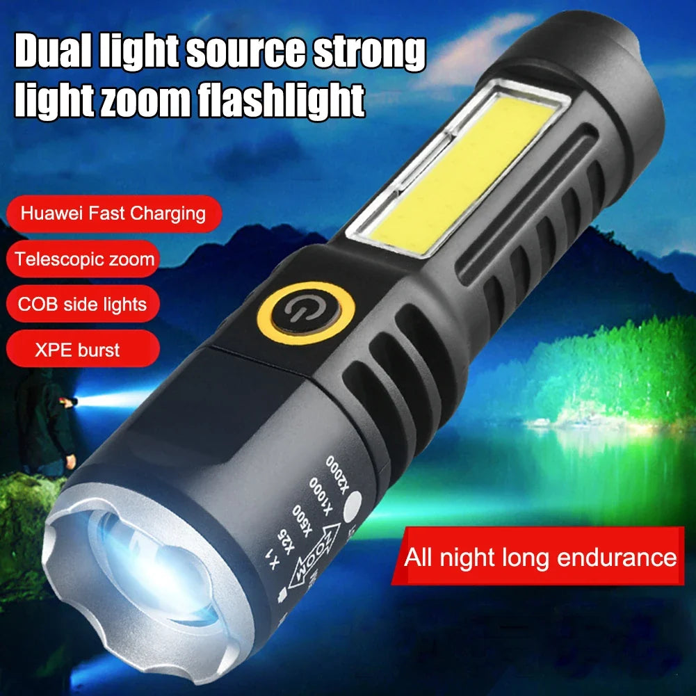Waterproof Telescopic Zoom XPE COB LED Torch – 4 Modes LED Flashlight Torch Qme