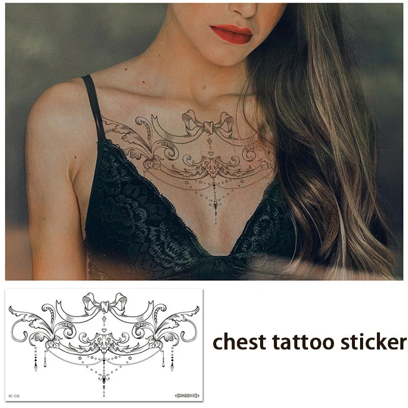 Black Bow & Wave Temporary Tattoo Sticker – Chest Back Abdomen Temporary Tattoo Sticker Qme