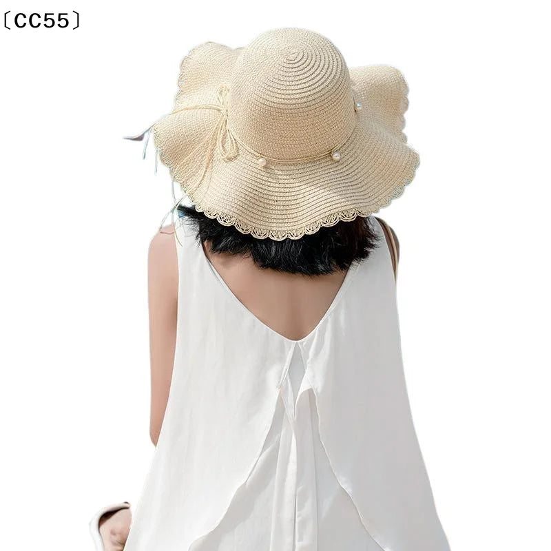 French Pearl Strap Wide Brim Straw Hat – Foldable Women's Sun Hat Wide Brim Straw Hat Qst