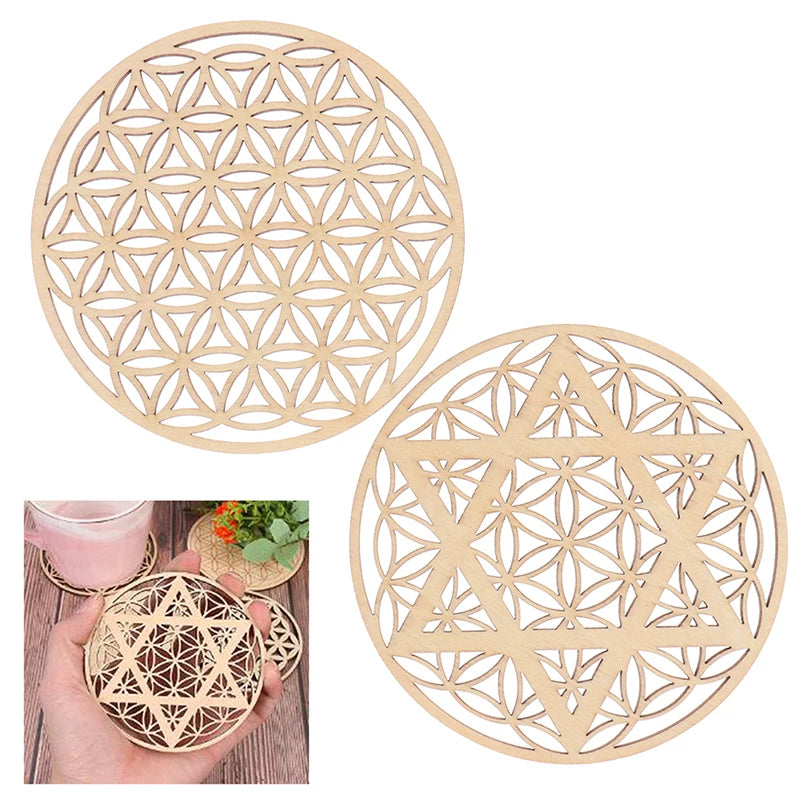 Chakra Flower Carved Natural Wood Coaster – 10cm Round Wood Coaster Qst