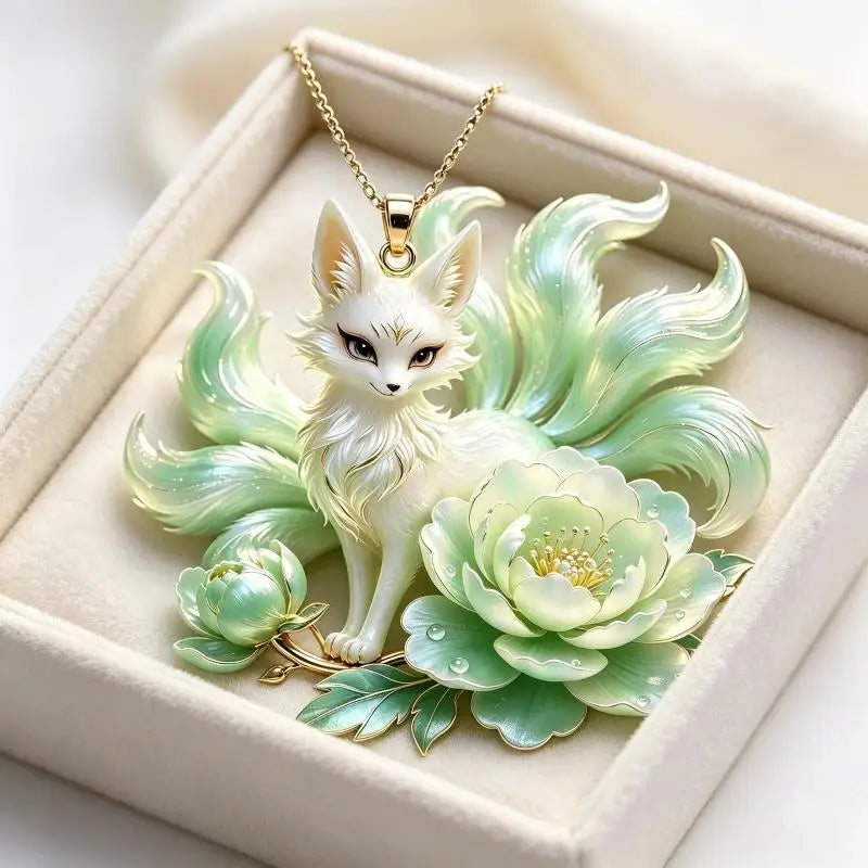 Nine Tailed Fox & Peony Pendant Necklace – Nickel-Free Gift Pendant Necklace Qst