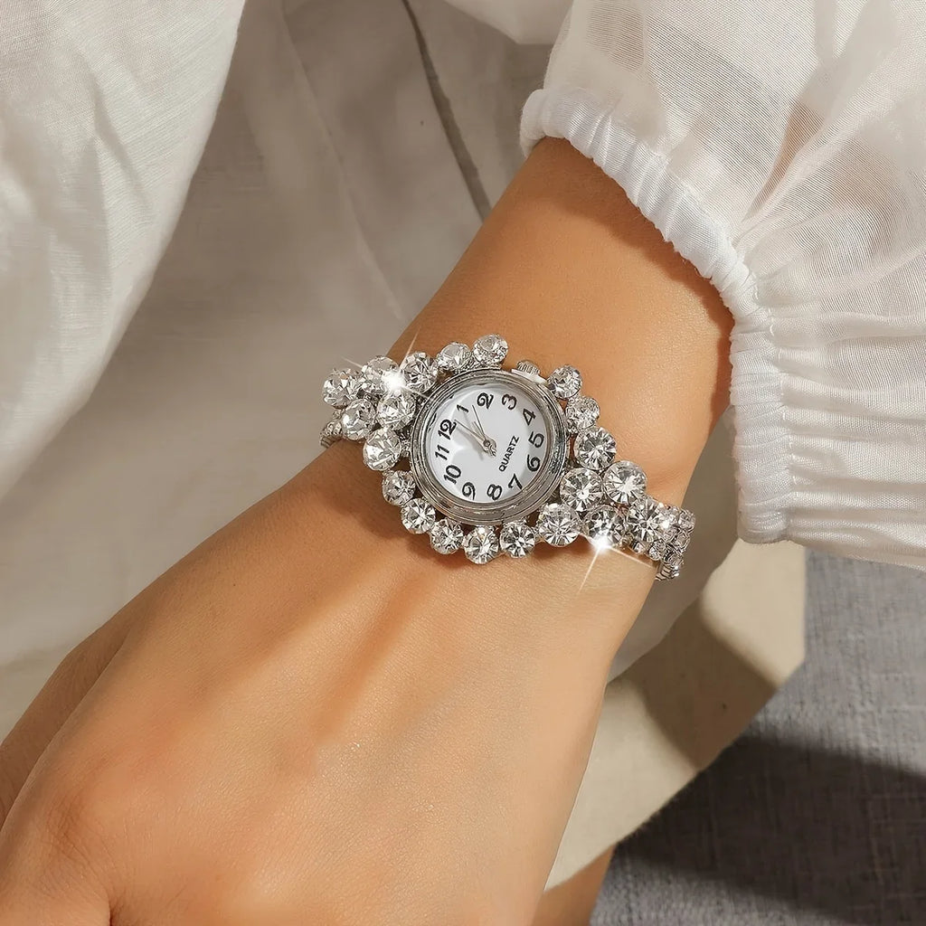 Rhinestone Quartz Watch – Elegant Arabic Numeral Bracelet Wristwatch Fashion Quartz Watch Qme silver