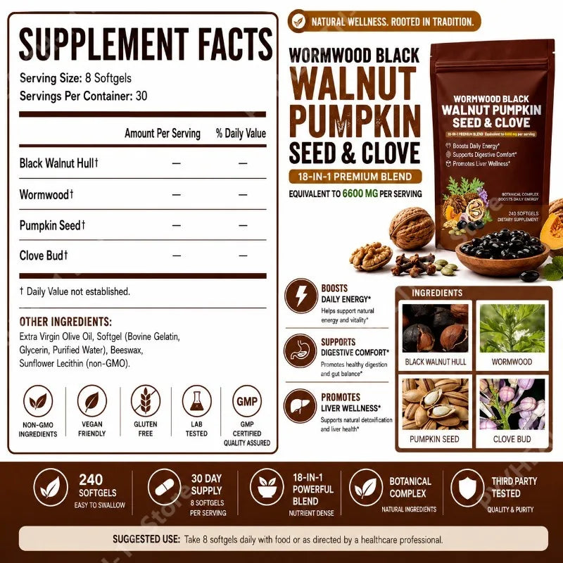 Wormwood Black Walnut Clove 18-in-1 Softgels 240ct Herbal Softgels Qst