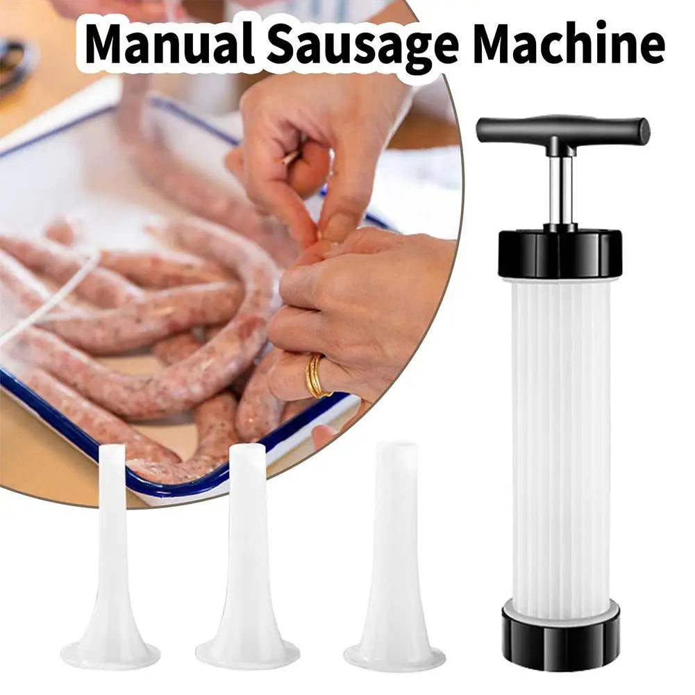 Manual Sausage Maker with 3 Stuffing Nozzles | Handheld Filler Sausage Stuffer Tool Qme