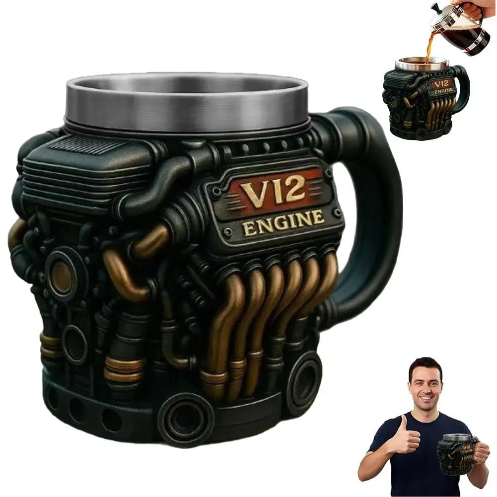 Handmade V12 Engine Stainless Steel Coffee Mug | Car Enthusiast Gift Novelty Coffee Mug Qme