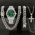 Men's Iced Out Cuban Chain & Diamond Silver Watch Combo Set Watch Jewelry Combo Qme Ivory