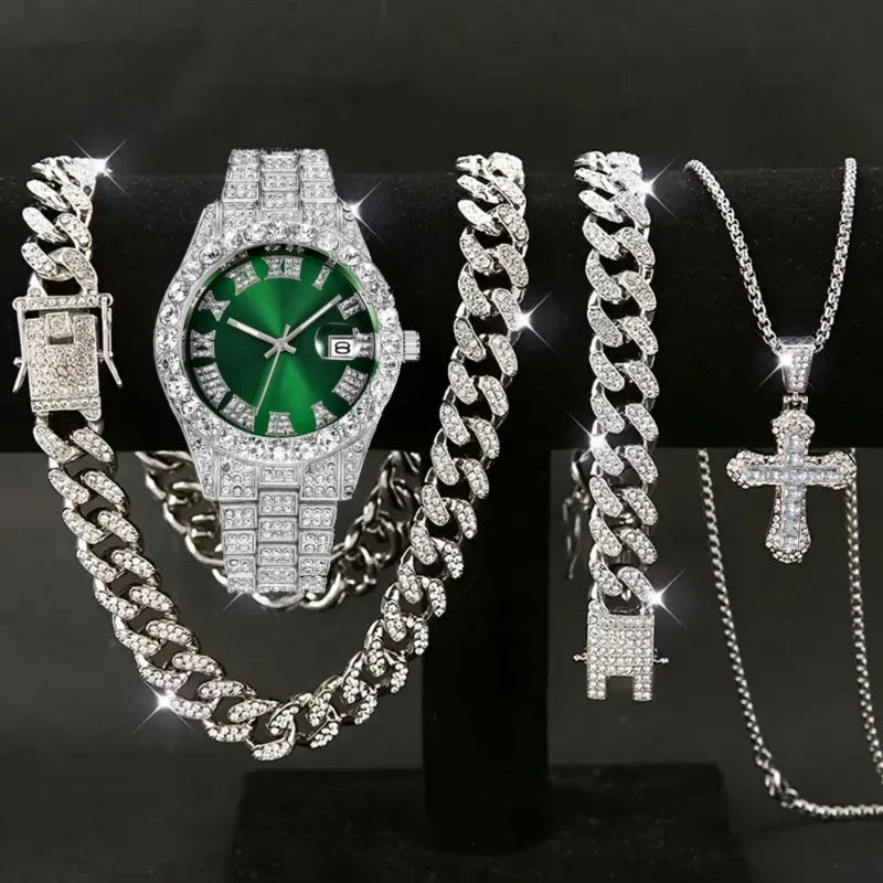 Men's Iced Out Cuban Chain & Diamond Silver Watch Combo Set Watch Jewelry Combo Qme Ivory