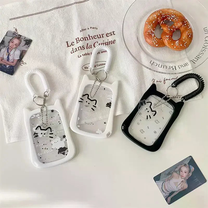 Cute Cat Photocard Holder with Elastic Rope | Idol Card Display Photocard Holder Keychain Qme