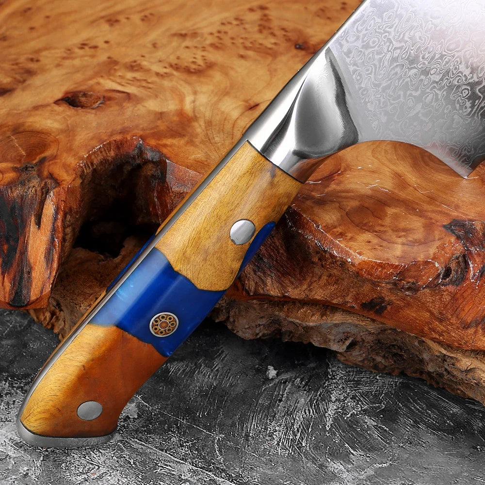 7.5" Damascus Steel Cleaver Knife – Stabilized Wood Handle Damascus Cleaver Knife Qst