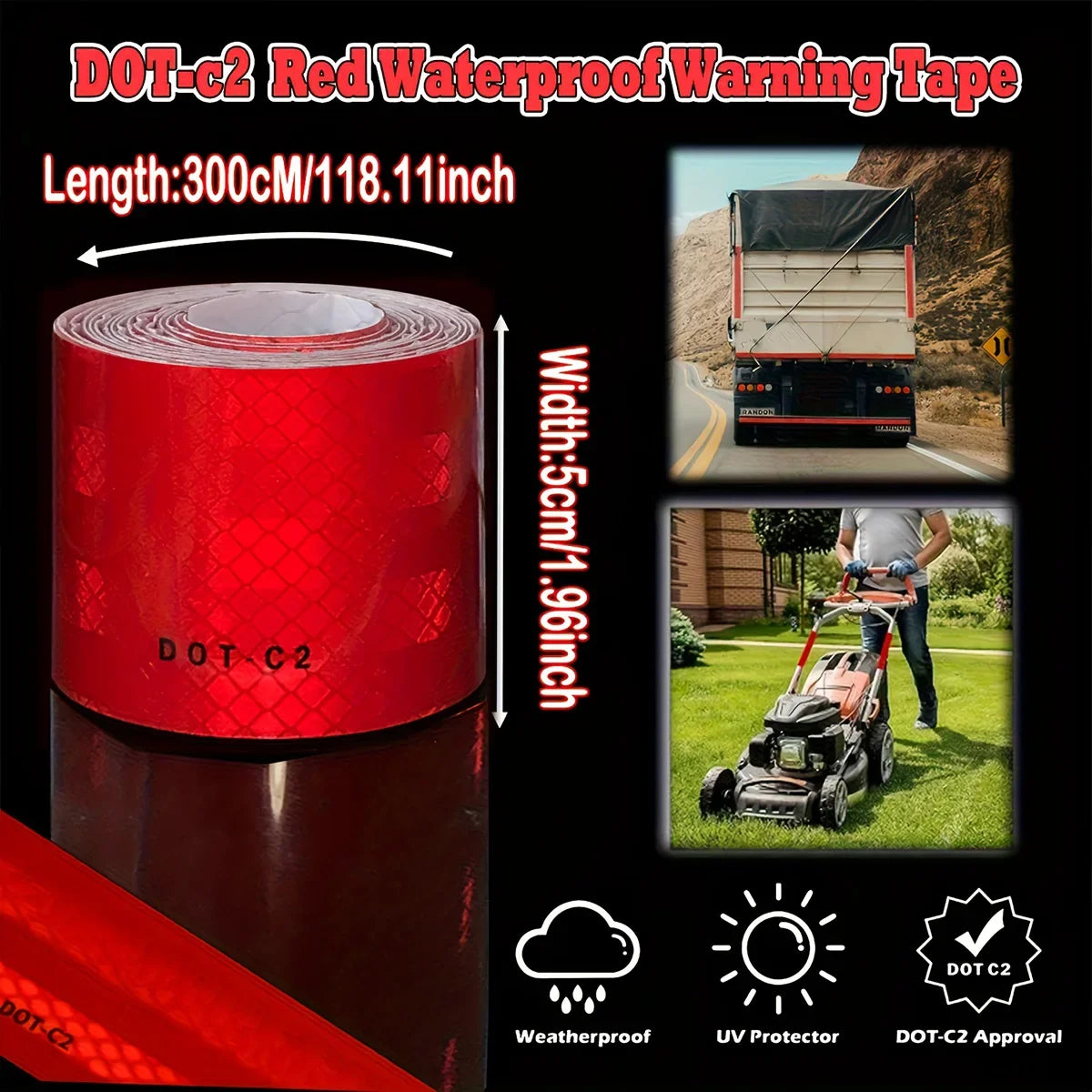 Red DOT-C2 Reflective Tape – Waterproof Vehicle Safety Strip Reflective Safety Tape Qme 5cmX300CM