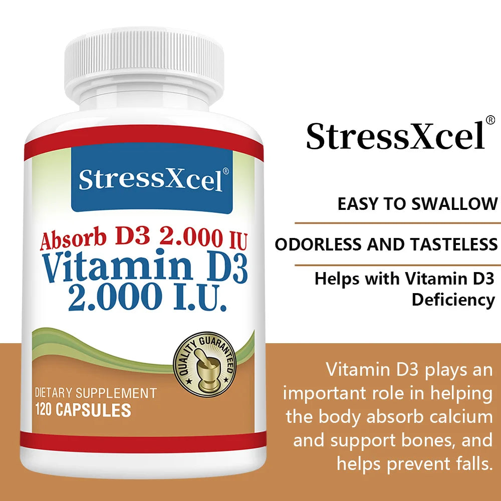 STRESSXCEL 2000 IU Vitamin D3 Capsules – Bone & Immune Support Vitamin Supplement Qst