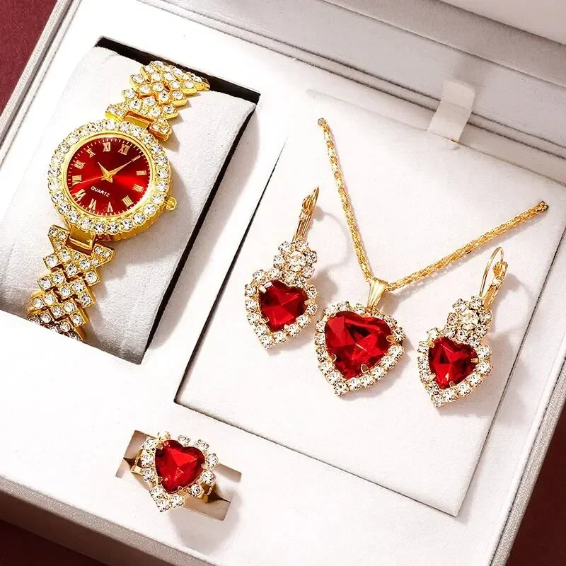 Gold Rhinestone Women's Watch, Ring, Necklace & Earrings Set Jewelry & Watch Set Qme