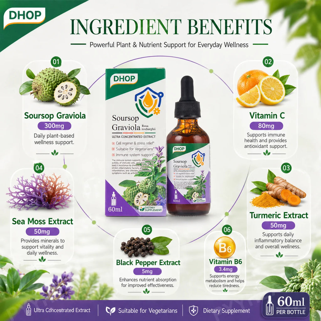 DHOP Soursop Graviola Drops 60mL | Turmeric Sea Moss Vitamin C Herbal Wellness Drops Qst