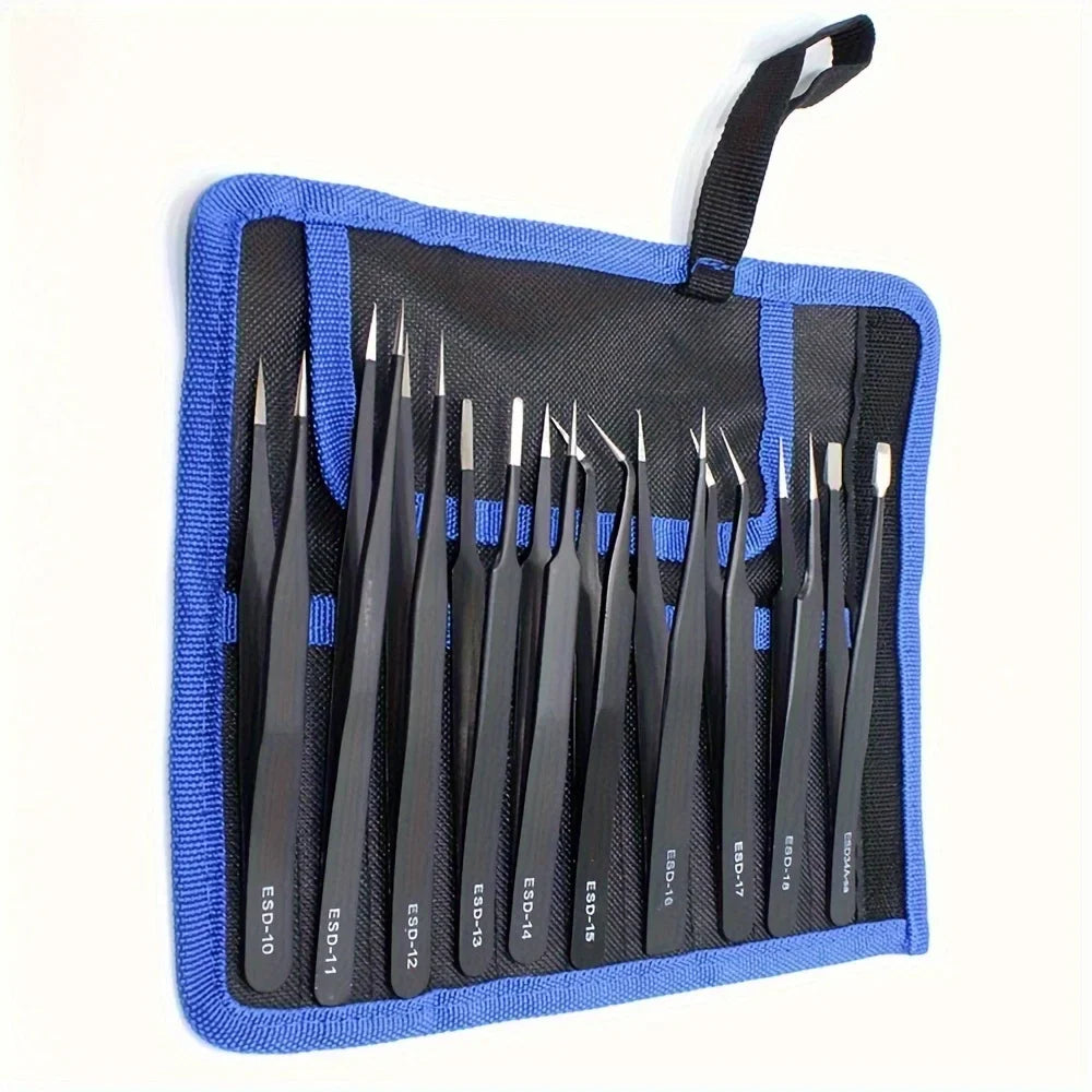 Qme 10pc Anti-Static Precision Tweezers Set with Canvas Bag Precision Tweezers Set Qme 1set