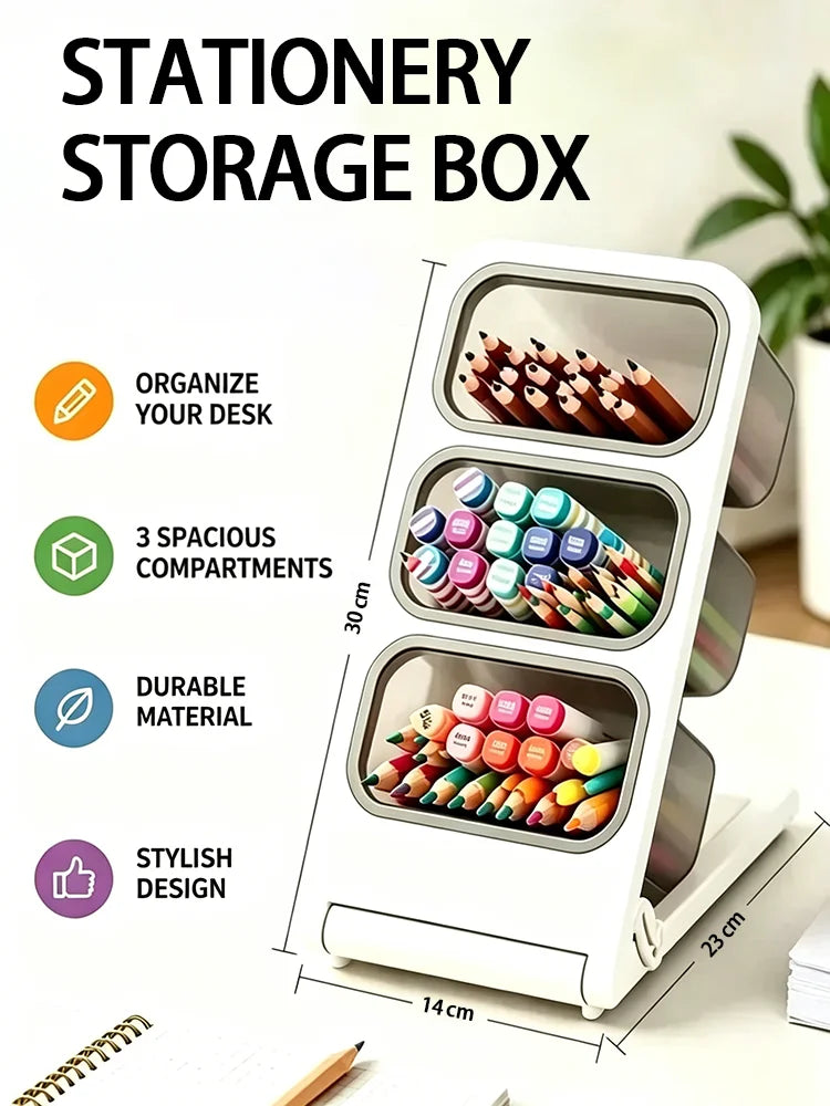 Multi-Layer 3-Grid Desktop Pen & Pencil Organizer – Detachable Desktop Pen Organizer Qme