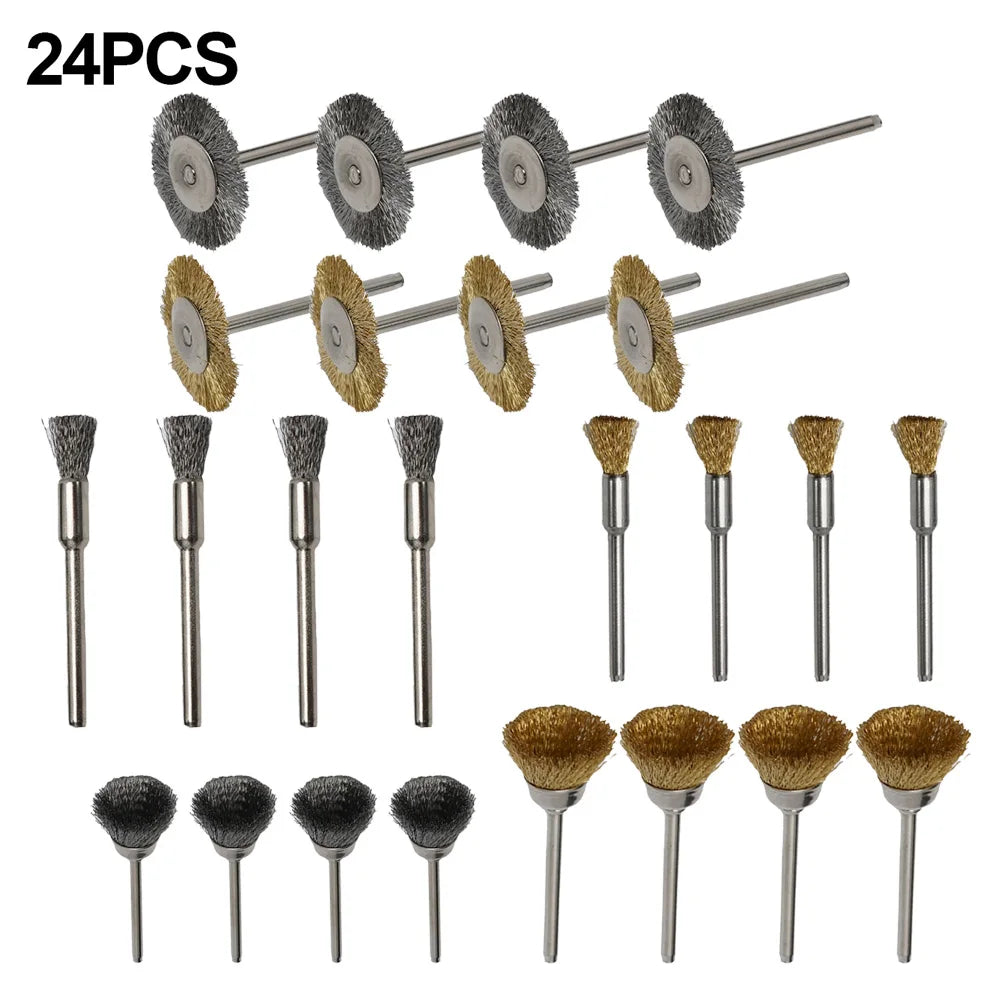 24pc Brass Wire Wheel Brush Set for Drill & Rotary Tools Rotary Tool Brush Set Qme Default Title