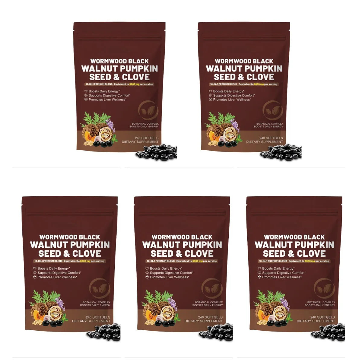 Wormwood Black Walnut Clove 18-in-1 Softgels 240ct Herbal Softgels Qst 5 bags