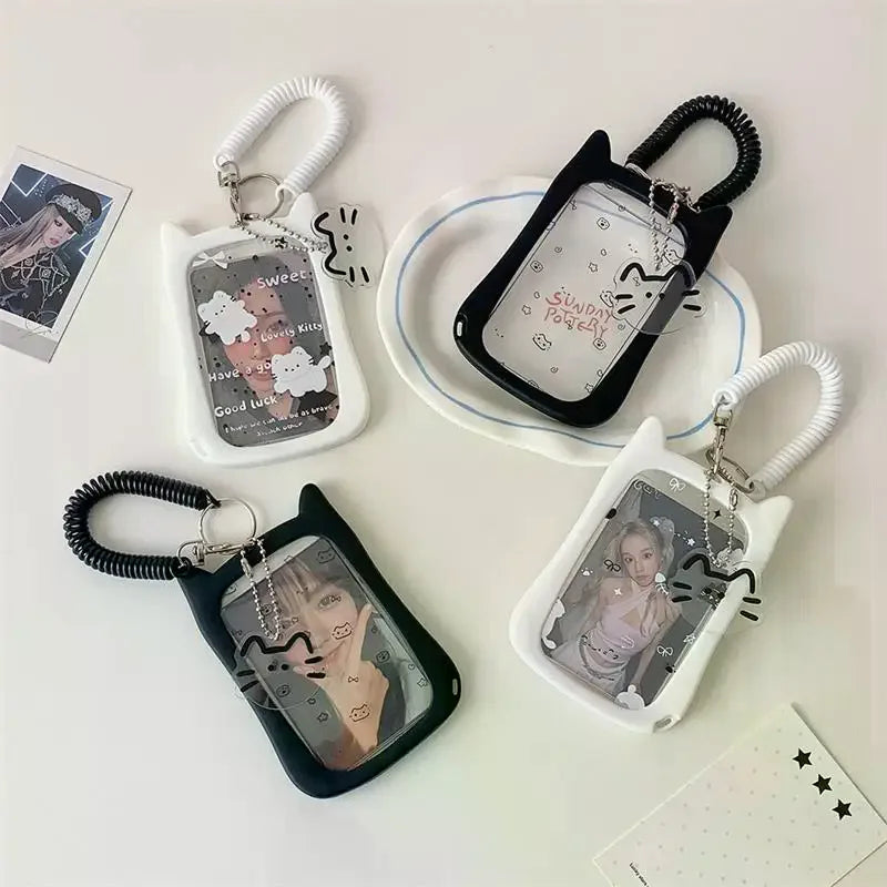 Cute Cat Photocard Holder with Elastic Rope | Idol Card Display Photocard Holder Keychain Qme
