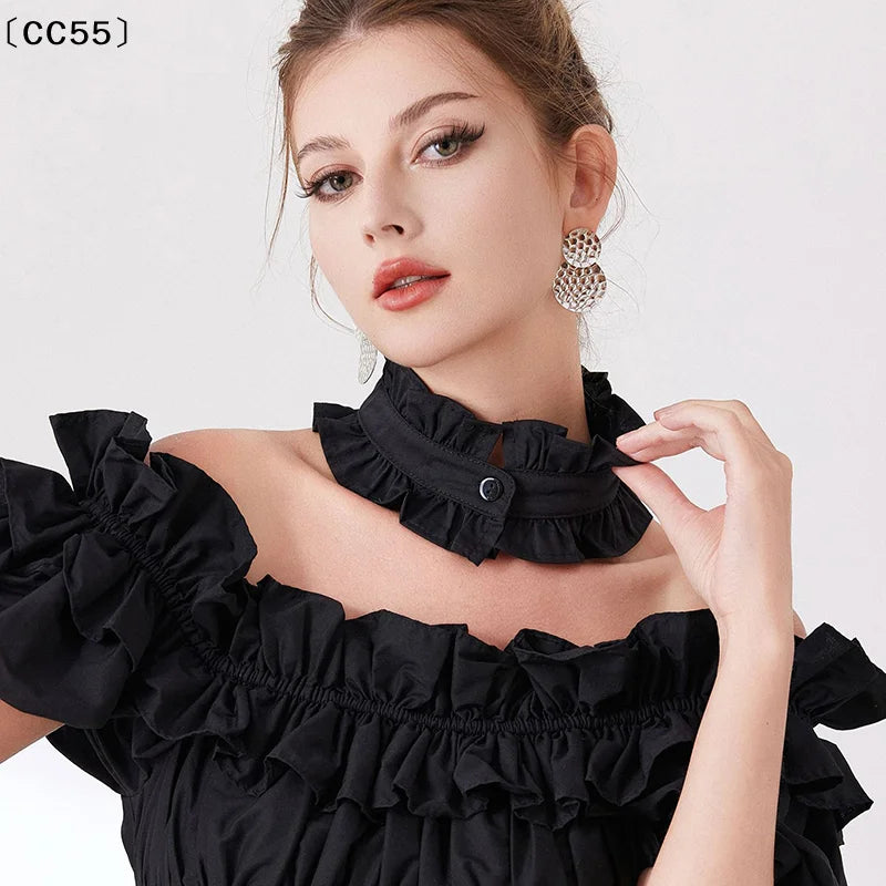 Women's Ruffle Detachable Collar & Fake Cuff Set – Button Stand Detachable Collar Set Qst