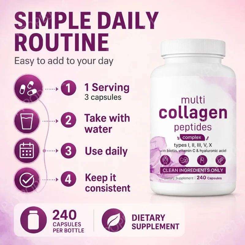 Multi Collagen Peptides Complex 240 Caps – Biotin & Vitamin C Collagen Supplement Qst
