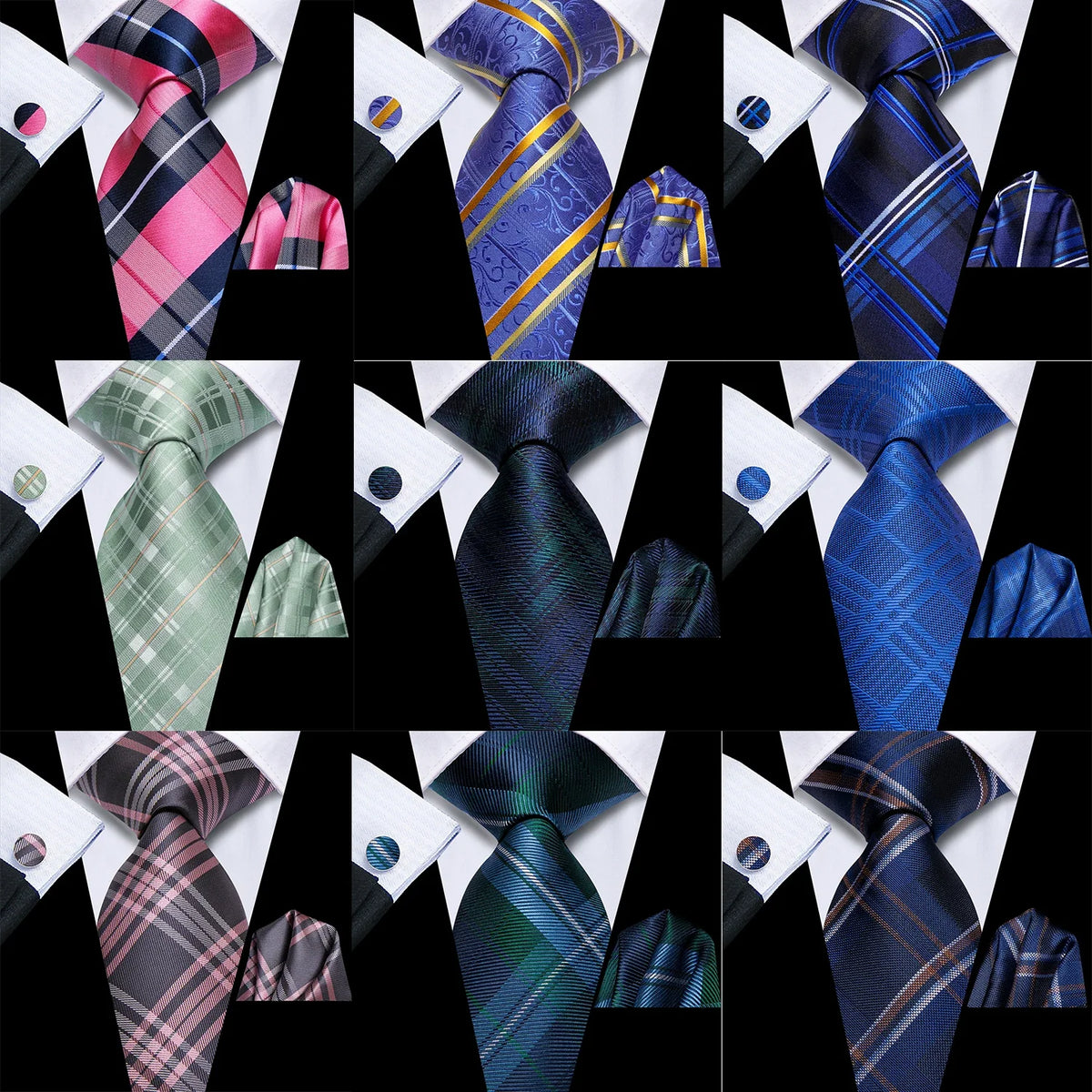 Hi-Tie Men's Silk Necktie Handkerchief Cufflinks Set – Pink Green Silk Necktie Set Qme