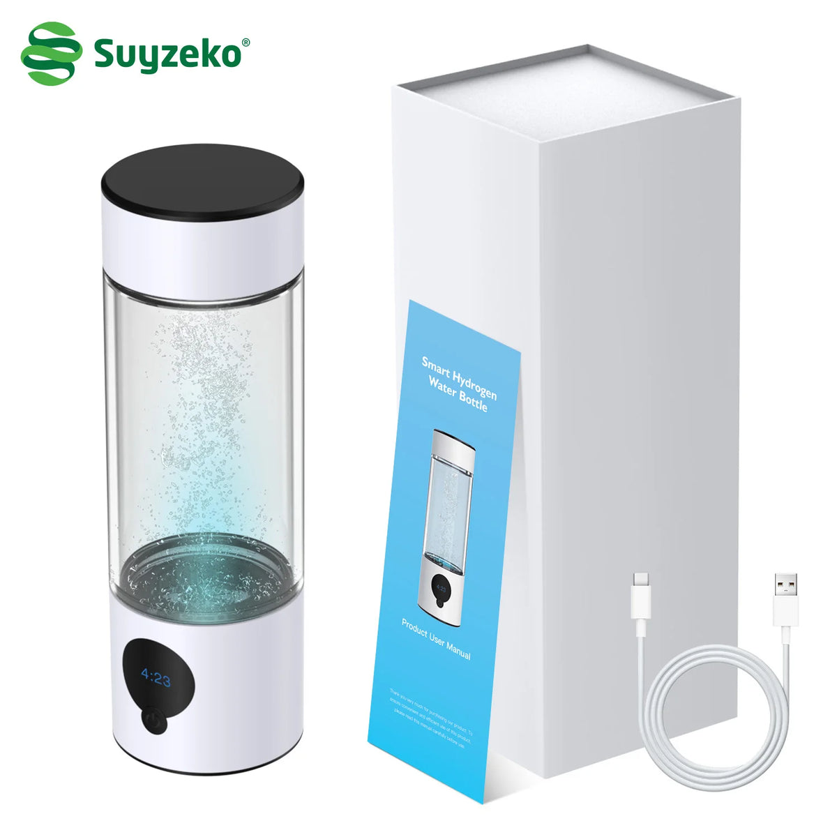 Hydrogen Water Bottle Generator 390ML SPE PEM 4000ppb Type-C Hydrogen Water Generator Qst White