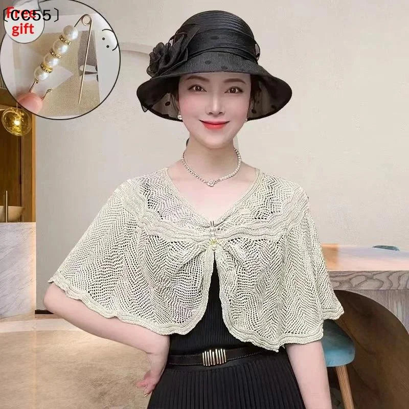 Women's Knit Shawl with Pearl Brooch – Lightweight Cape Knit Shawl Cape Qst