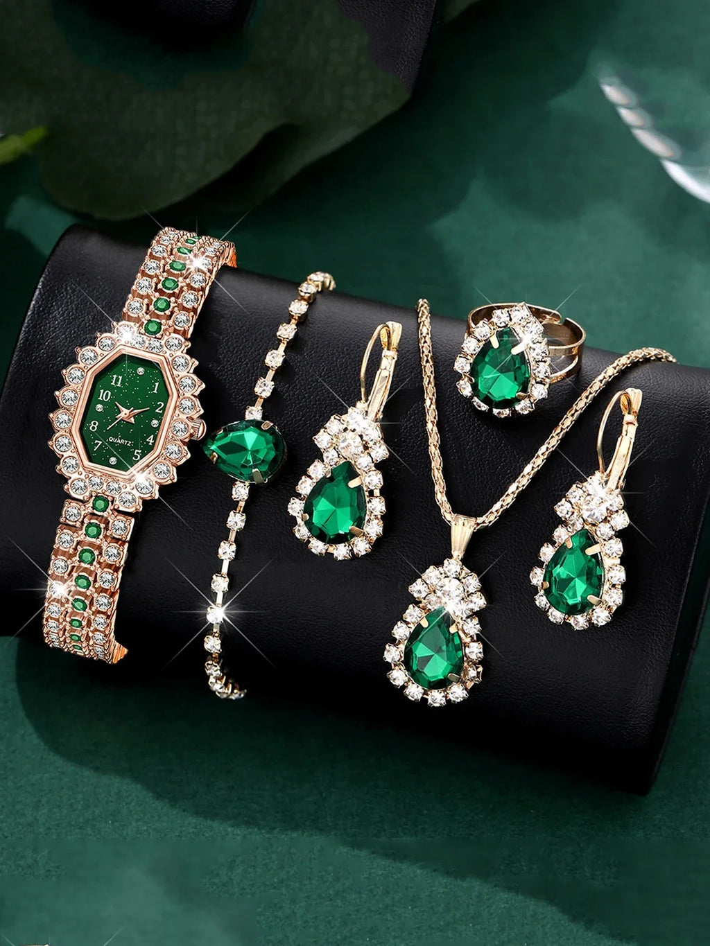 Luxury Emerald Crystal 5-Piece Jewelry Set | Qme Crystal Jewelry Set Qme green