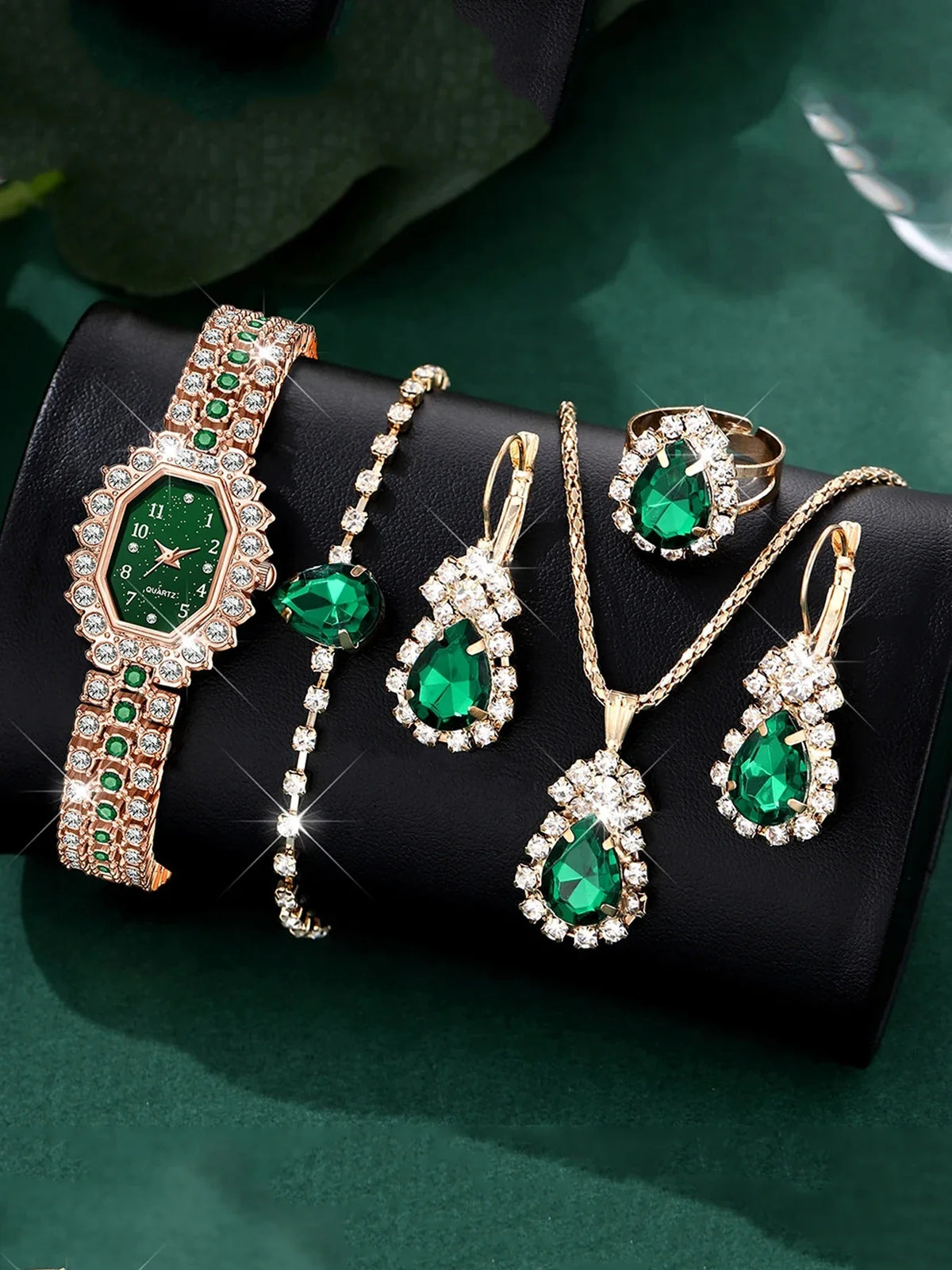 Luxury Emerald Crystal 5-Piece Jewelry Set | Qme Crystal Jewelry Set Qme green