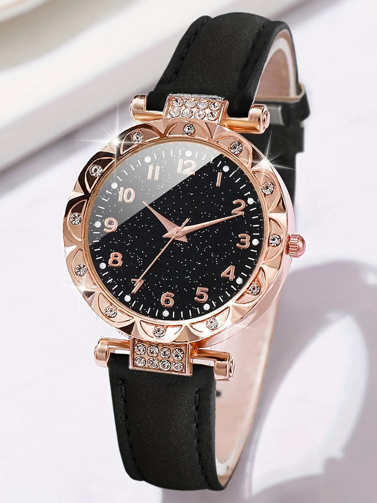 Rose Gold Women's Quartz Watch & Black Bracelet Set | Qme Watch & Bracelet Set Qme