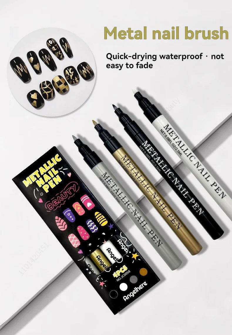 4-Color Metal Nail Art Graffiti Marker Pens – Waterproof DIY Nail Art Marker Set Qme
