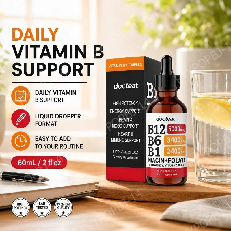 Docteat Vitamin B Complex Liquid Drops with Vitamin C – 60ml Liquid Vitamin Supplement Qst