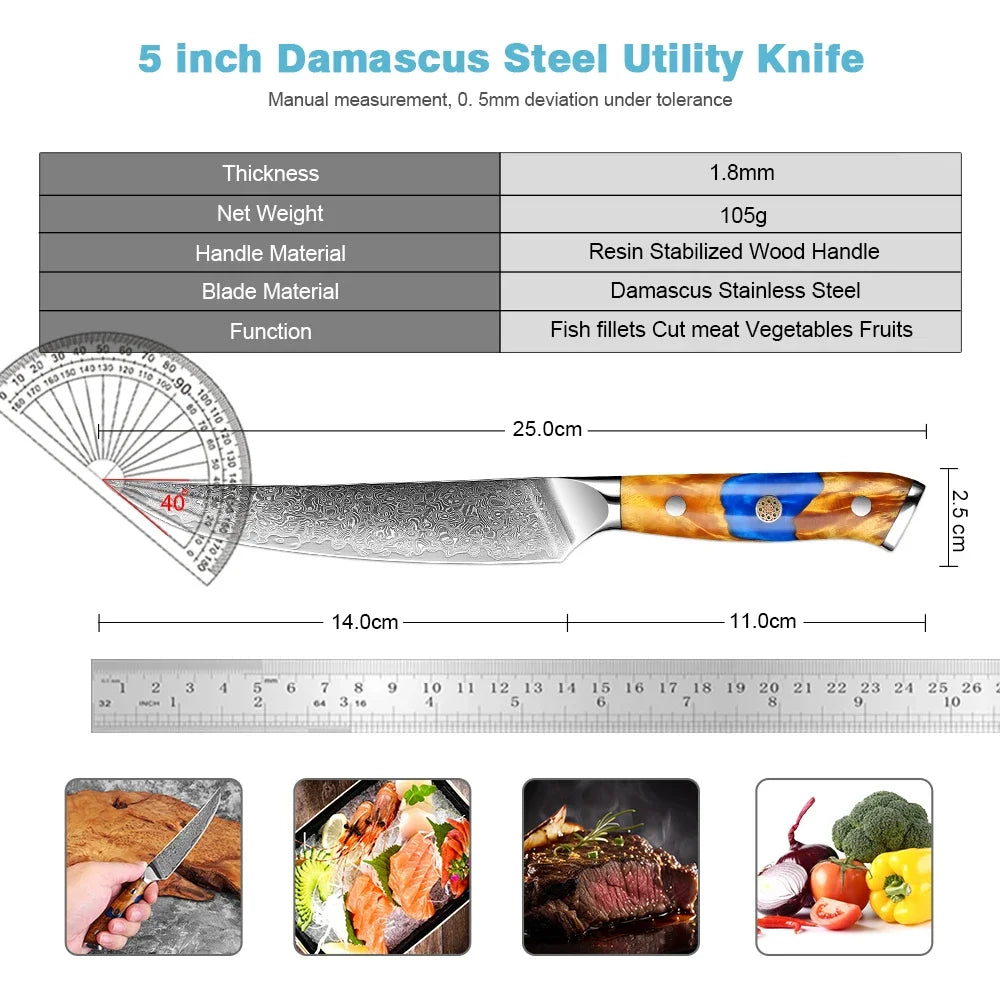 Xituo 5" Damascus Steel Utility Knife – Full Tang Wood Handle Kitchen Utility Knife Qst