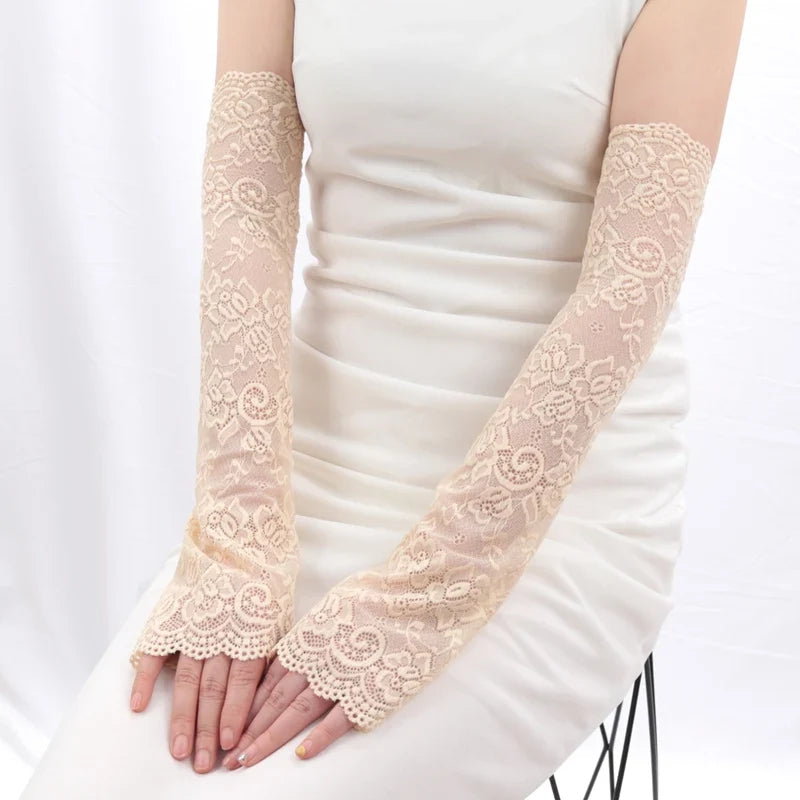 Women's Lace UV Arm Sleeves – Fingerless Sun Protection Gloves UV Arm Sleeves Qme Beige