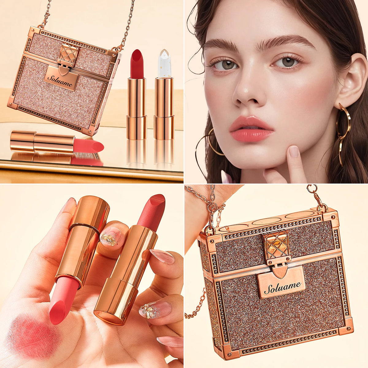 Matte Tri-Color Lipstick Set – Rose Gold Case, Chain & Mirror Lipstick Gift Set Qst