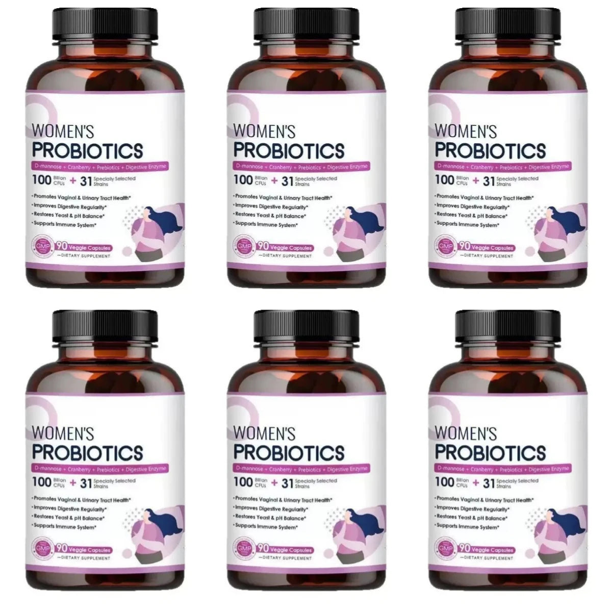 Women's Probiotics 100B CFUs 31 Strains D-Mannose Cranberry 90 Caps Women's Probiotic Supplement Qst 6 bottles