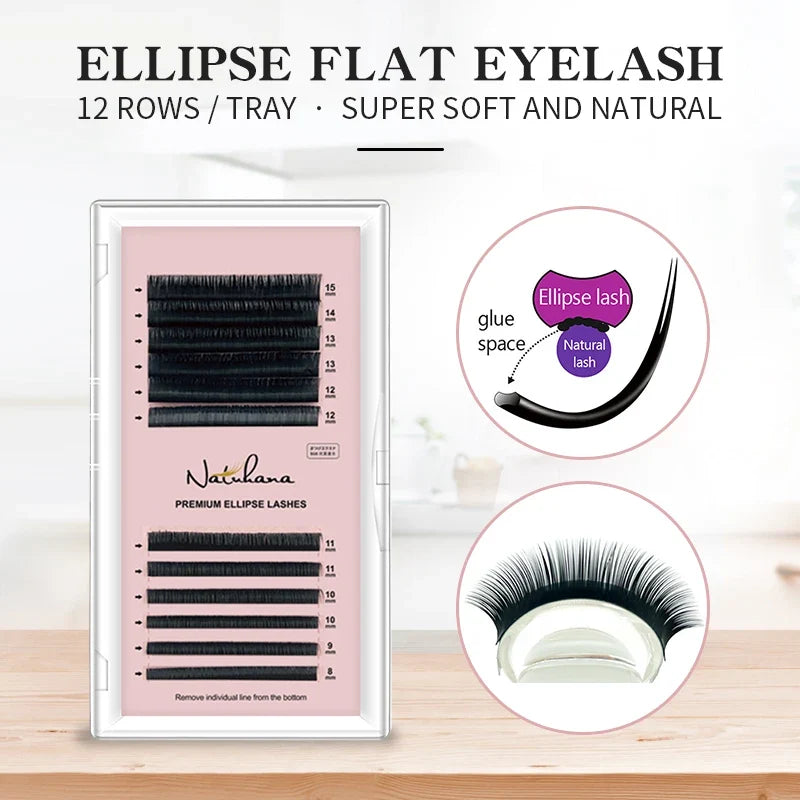 NATUHANA Ellipse Flat Eyelash Extensions | Split Tips, 3 Curls Eyelash Extensions Qme