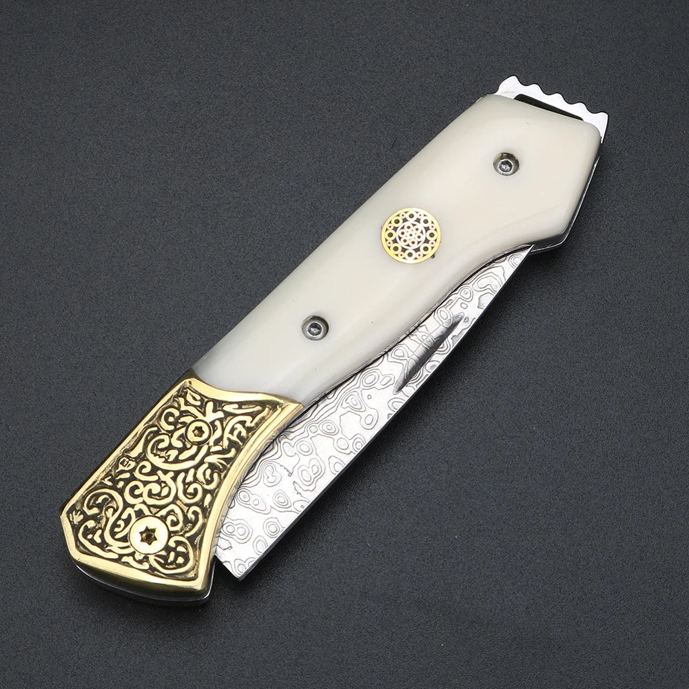 VG10 Damascus Folding Knife – Ox Bone & Brass Pocket Knife Folding Pocket Knife Qst