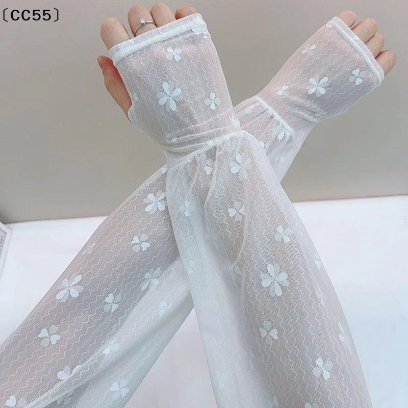 Women's UPF 50+ Fingerless Sun Sleeves – Lace Mesh Arm Gloves Sun Protection Sleeves Qst