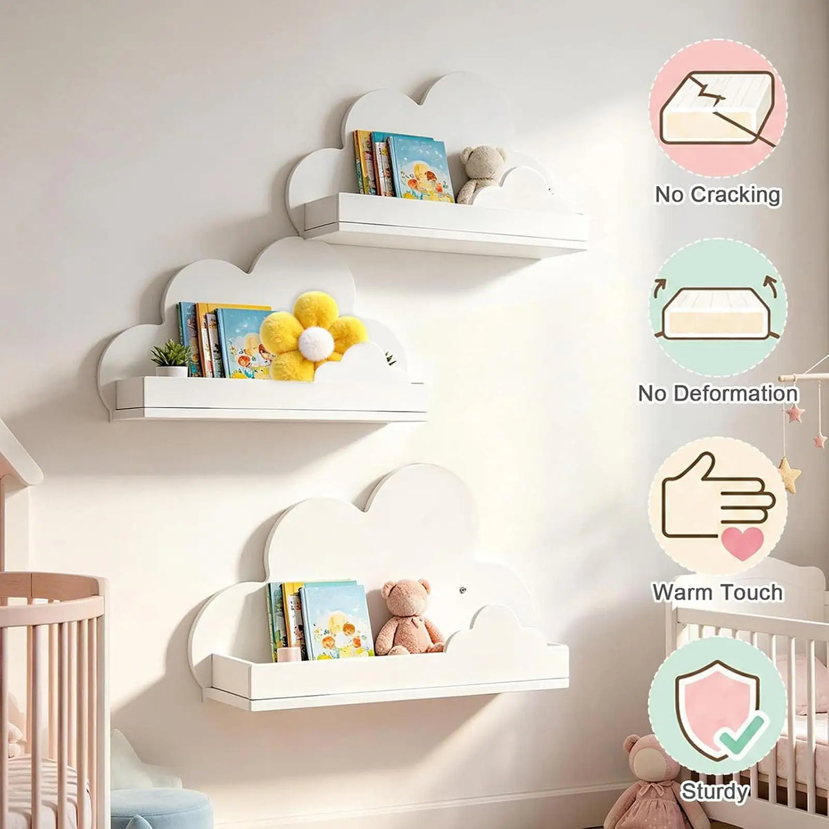 Cloud Floating Wall Shelf Set of 3 – Aesthetic Wood Decor Floating Wall Shelf Qme