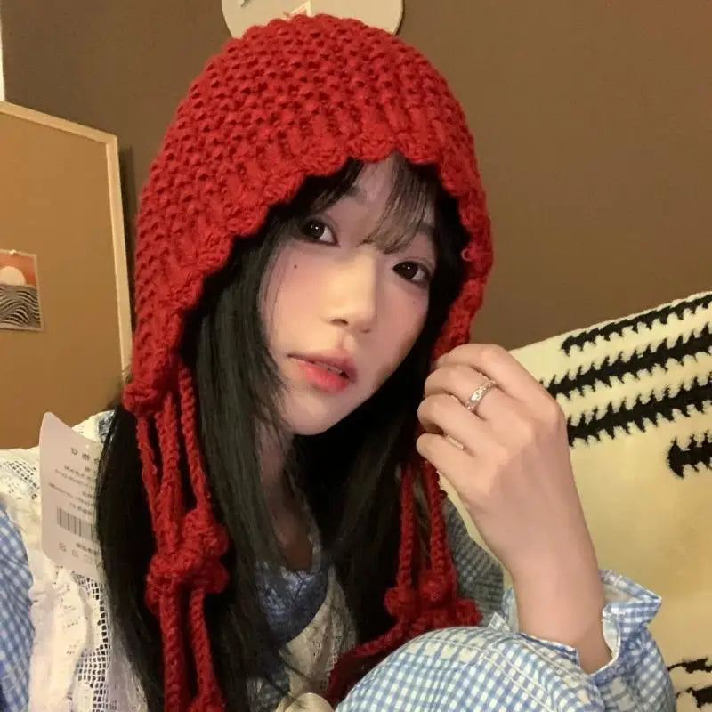Women's Winter Knitted Tassel Beanie with Ear Cover Knitted Winter Beanie Qst