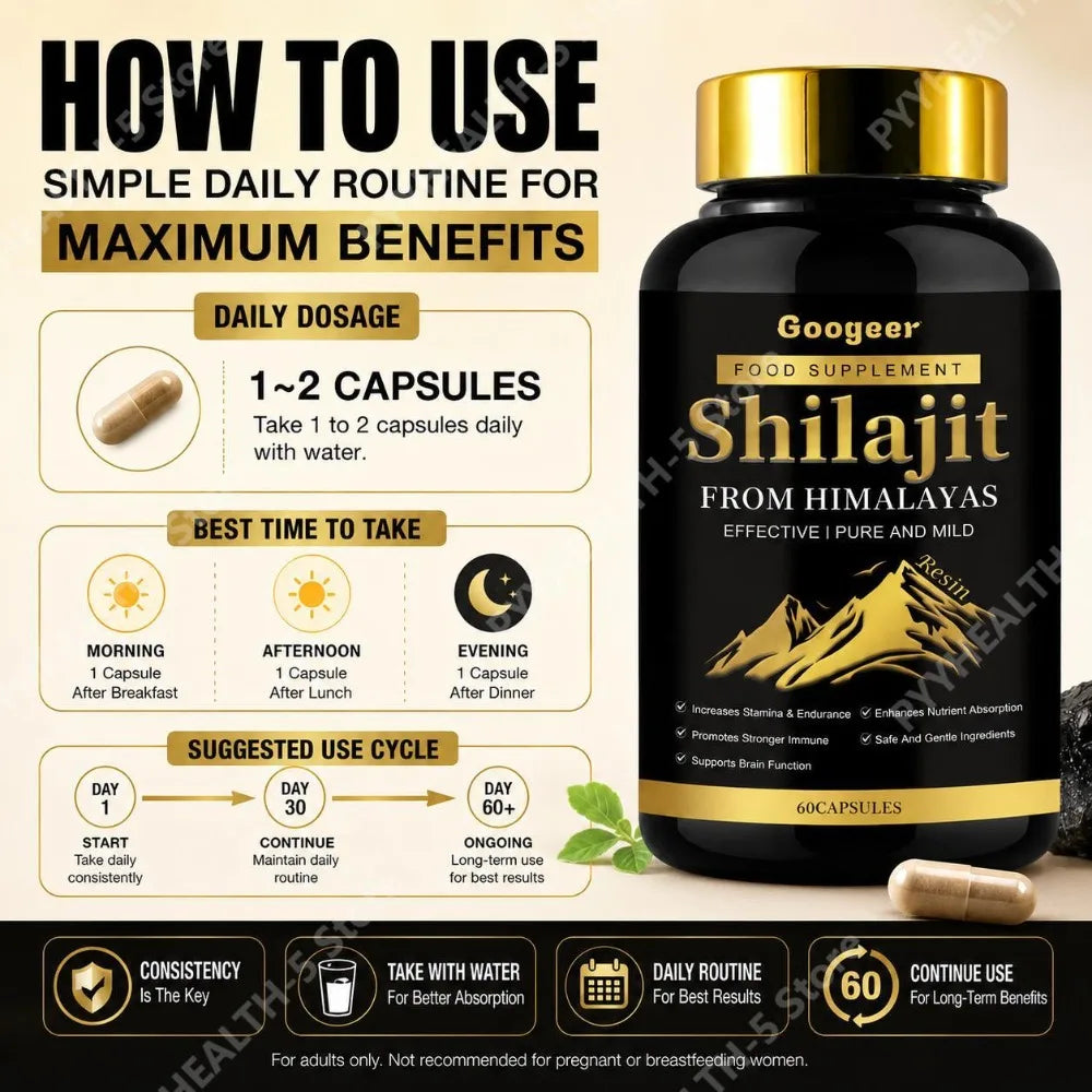 Googeer Shilajit Capsules + Vitamin C – 60 Caps Daily Wellness Supplement Qst