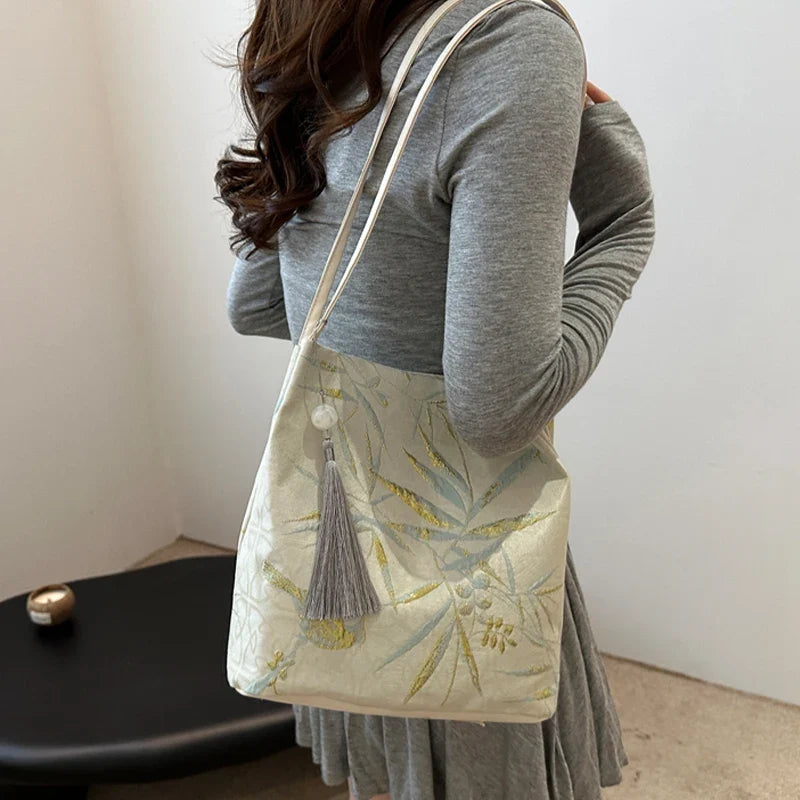 Women's Retro Chinese-Style Elegant Fabric Shoulder Tote Bag Shoulder Tote Bag Qme