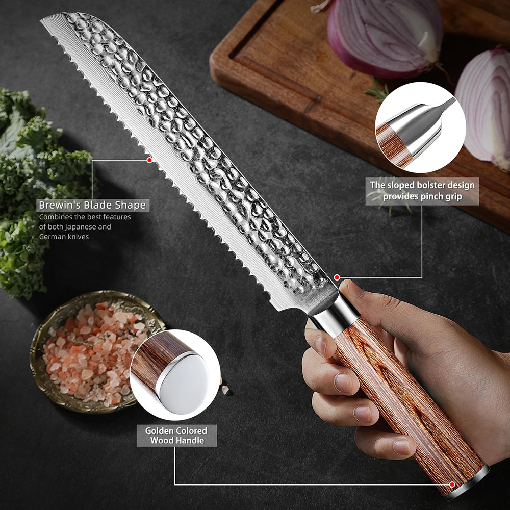 XITUO 8-Inch Damascus Steel Serrated Bread Knife | Wood Handle Bread Knife Qst