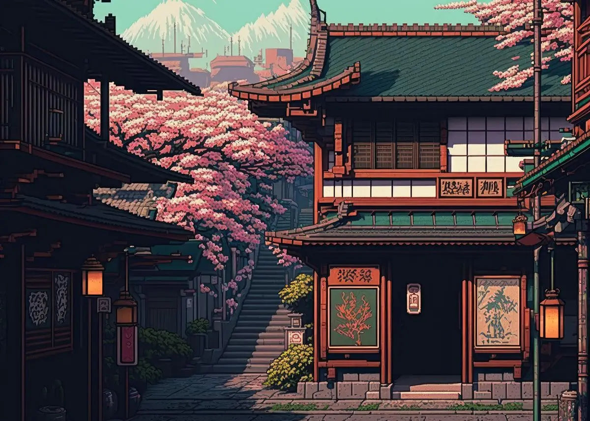Japan Pixel Street Landscape Canvas Wall Art Print | Home Decor Canvas Wall Art Qst J 50X70cm No Framed