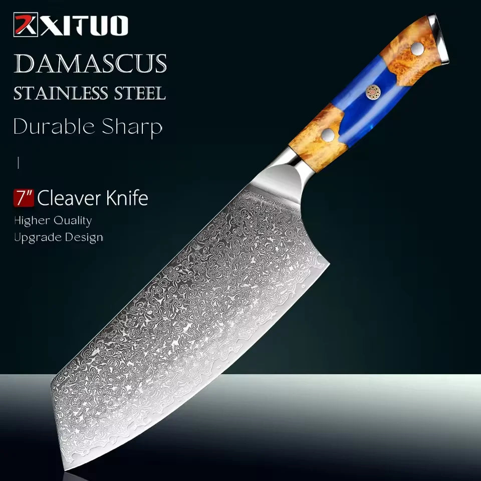 7.5" Damascus Steel Cleaver Knife – Stabilized Wood Handle Damascus Cleaver Knife Qst