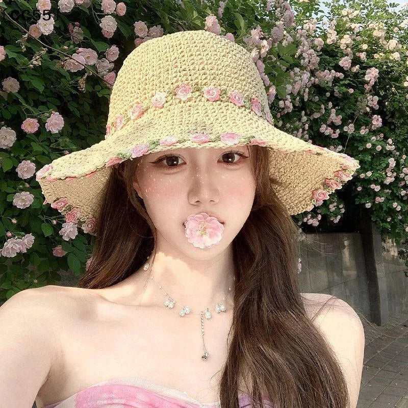 Women's Wide Brim Lace Straw Hat – Beach Sun Cap Straw Sun Hat Qst